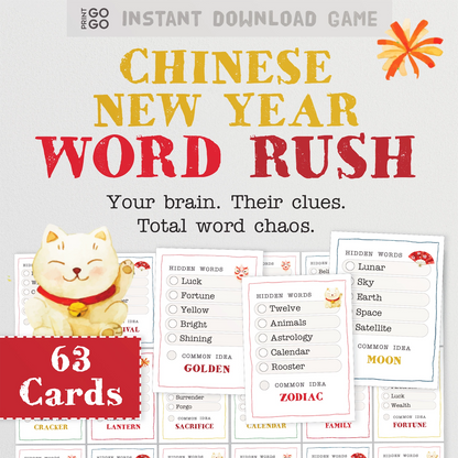 Chinese New Year Word Rush example game cards and a cat figurine on a light gray background.