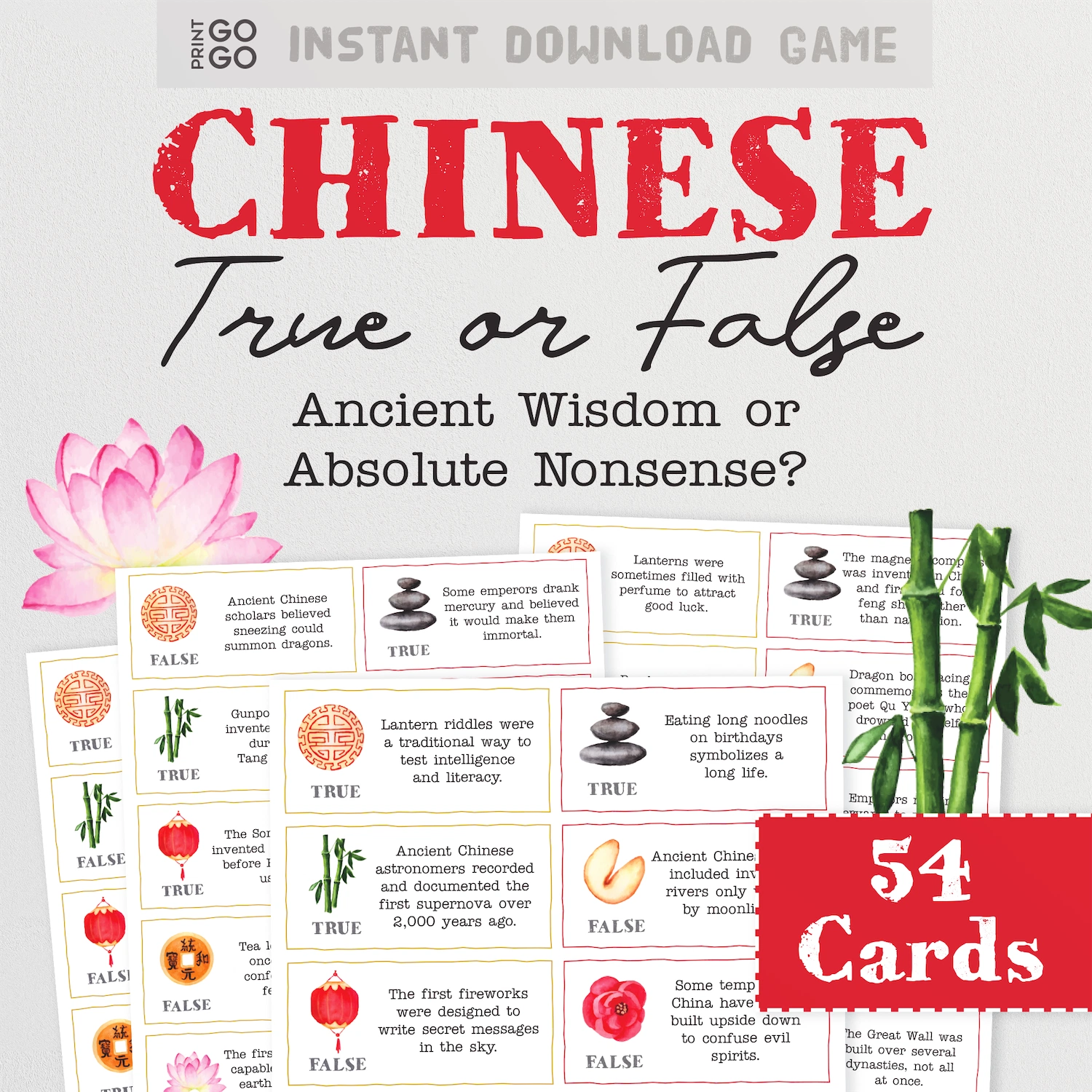 Printable game cards showing curious facts for players to guess true or false. The cards are themed for Chinese New Year.
