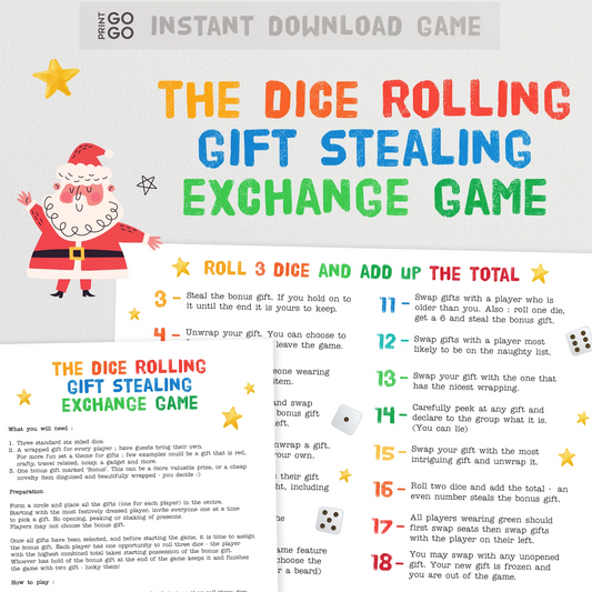 Instant download Christmas dice rolling gift exchange game for groups.