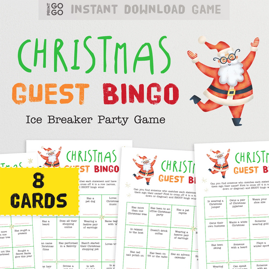 Christmas Guest Bingo cards with Santa Claus illustration and text on a light gray background.