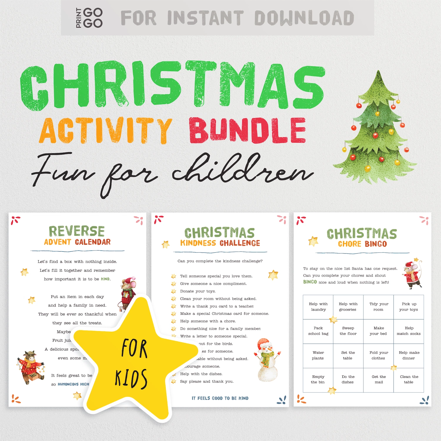 Christmas activity bundle for children with colorful text and a tree graphic on a white background.