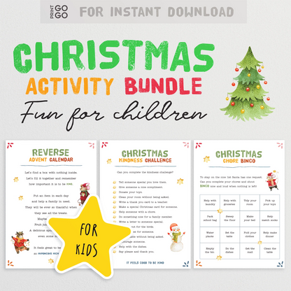 Christmas activity bundle for children with colorful text and a tree graphic on a white background.