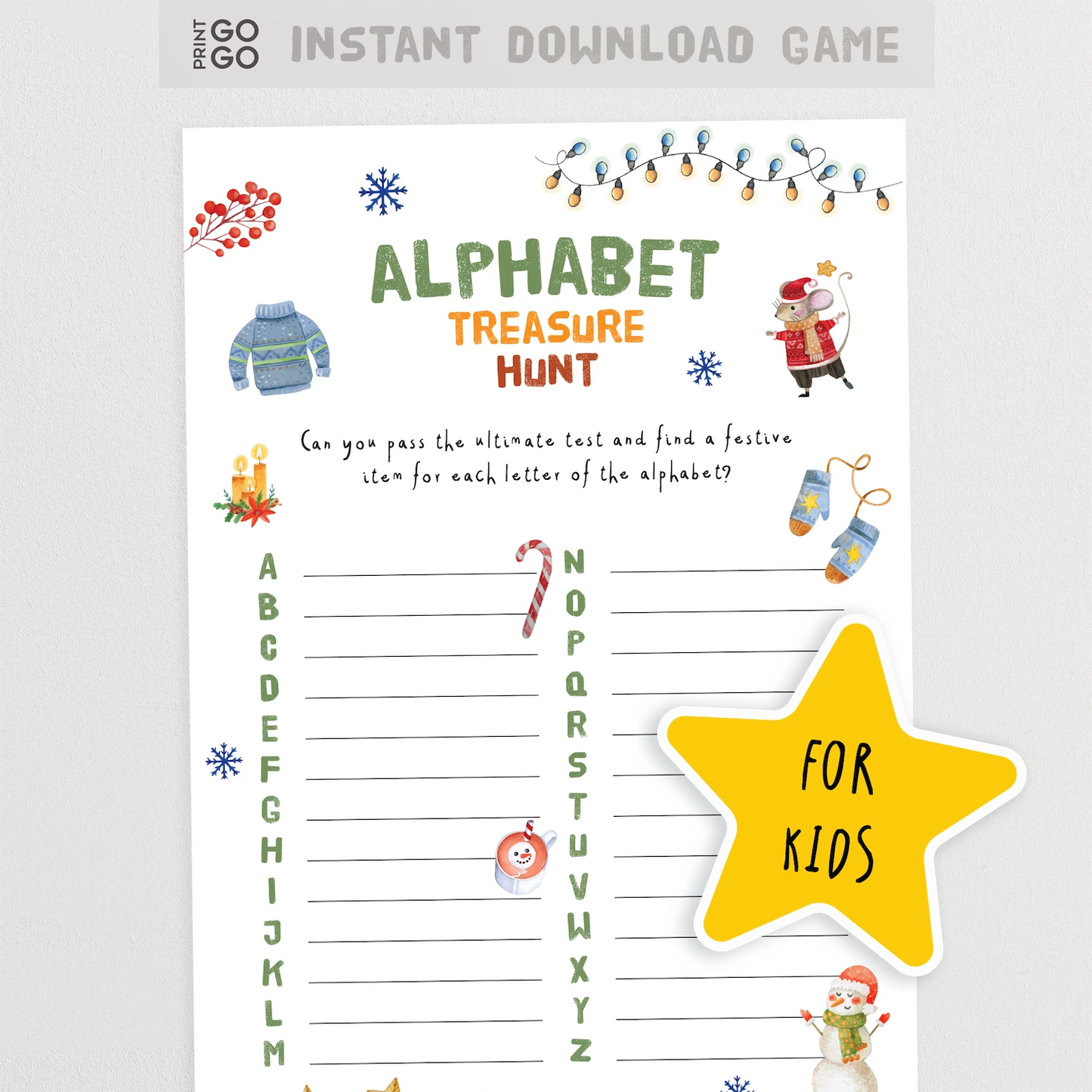 Christmas-themed alphabet treasure hunt game for kids with colorful illustrations and a yellow star label.