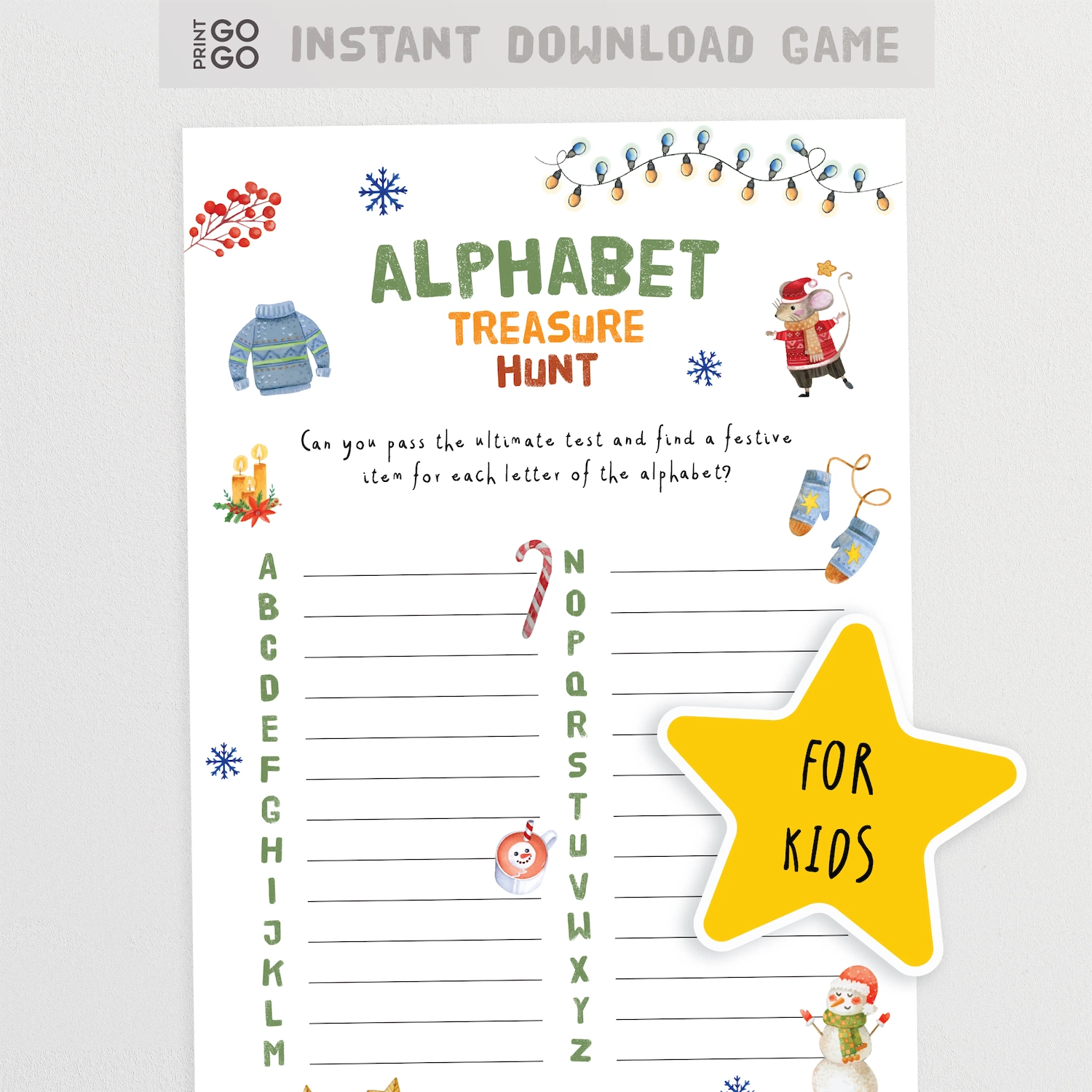 Christmas-themed alphabet treasure hunt game for kids with colorful illustrations and a yellow star label.