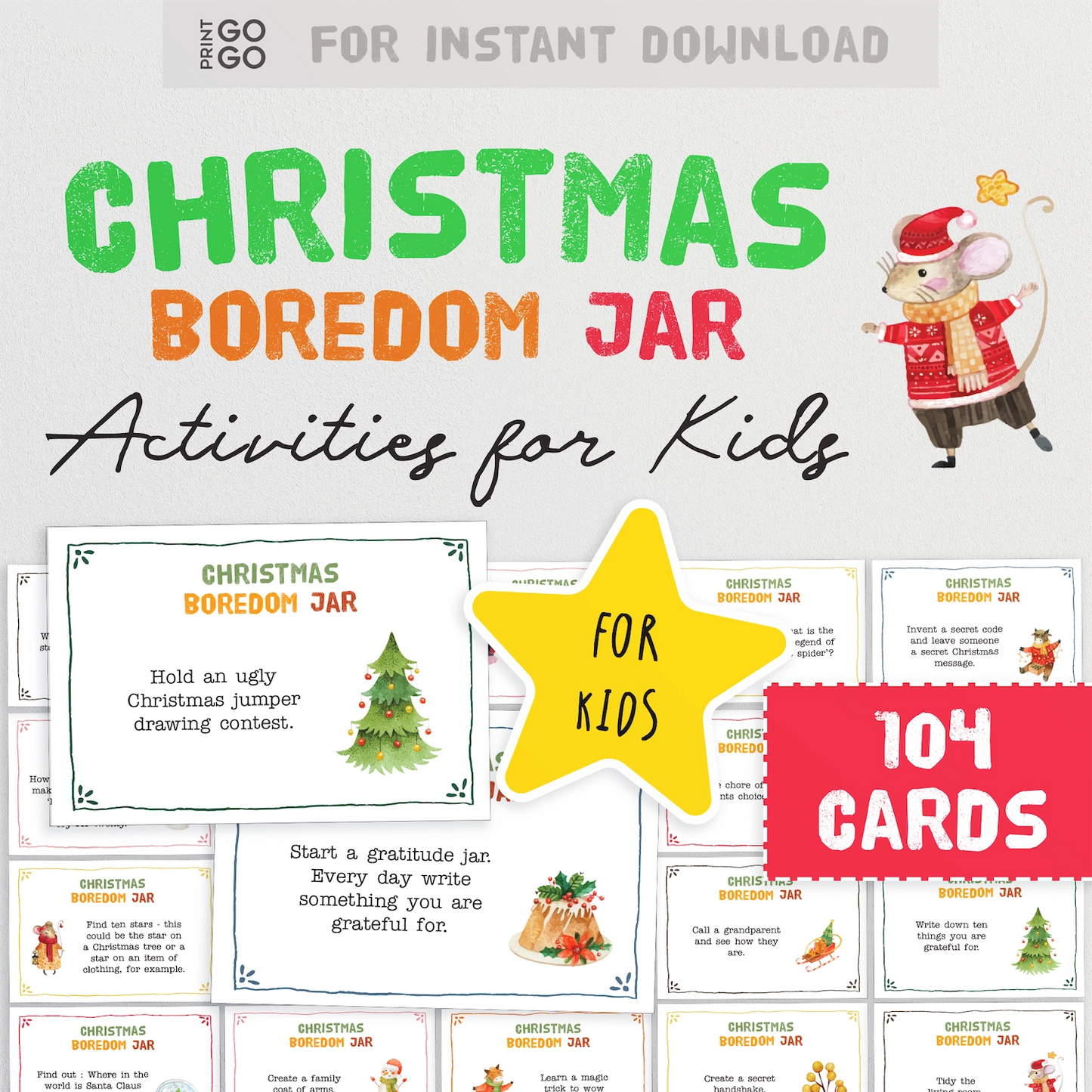 Christmas boredom jar activities for kids with colorful text and illustrations.