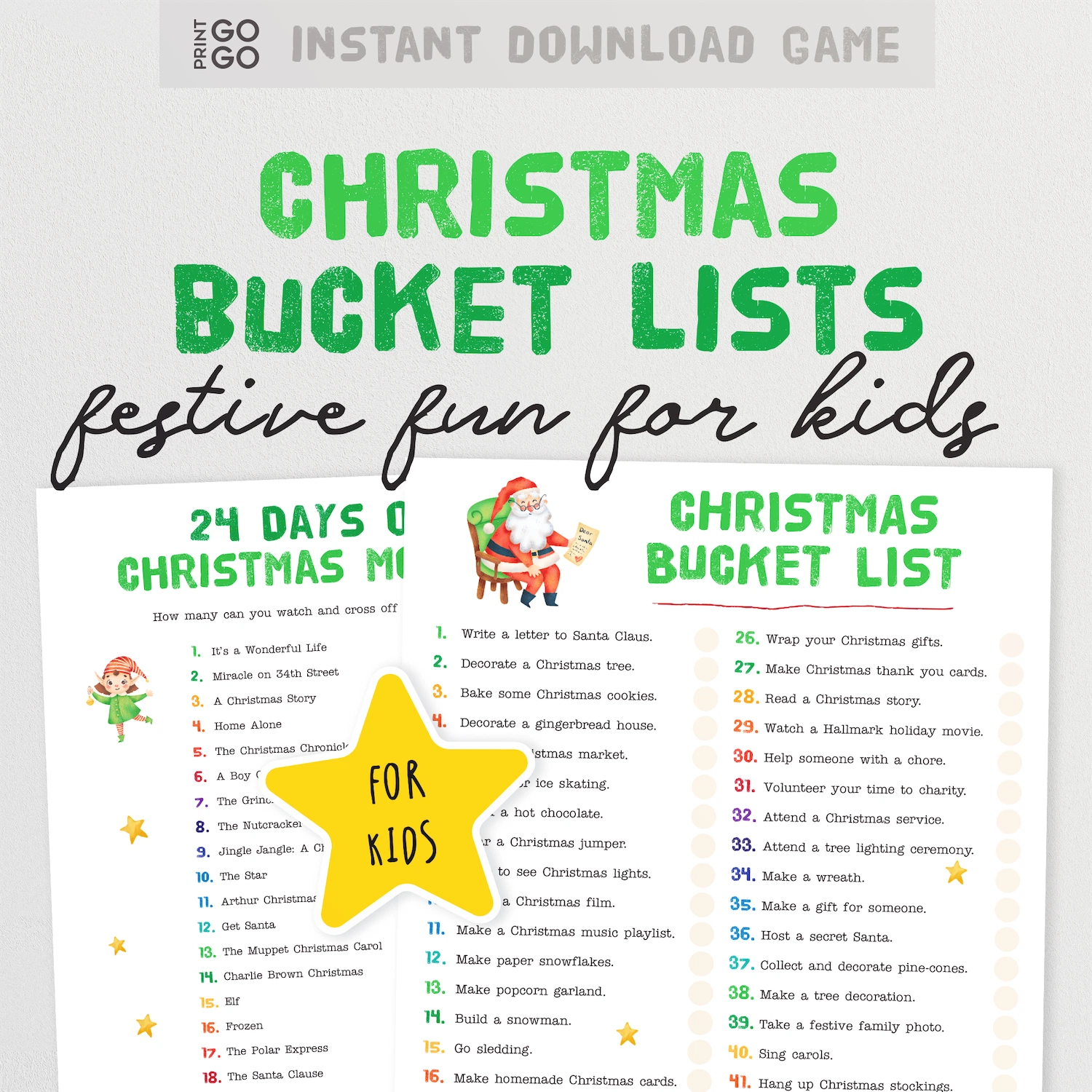 Christmas bucket list for kids with Santa and elf graphics on a white background