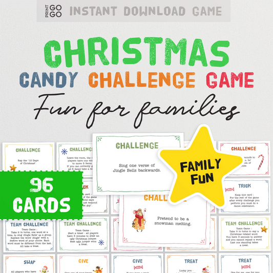 Christmas Candy Challenge Game packaging with cards and a star labeled 'Family Fun' on a white background.