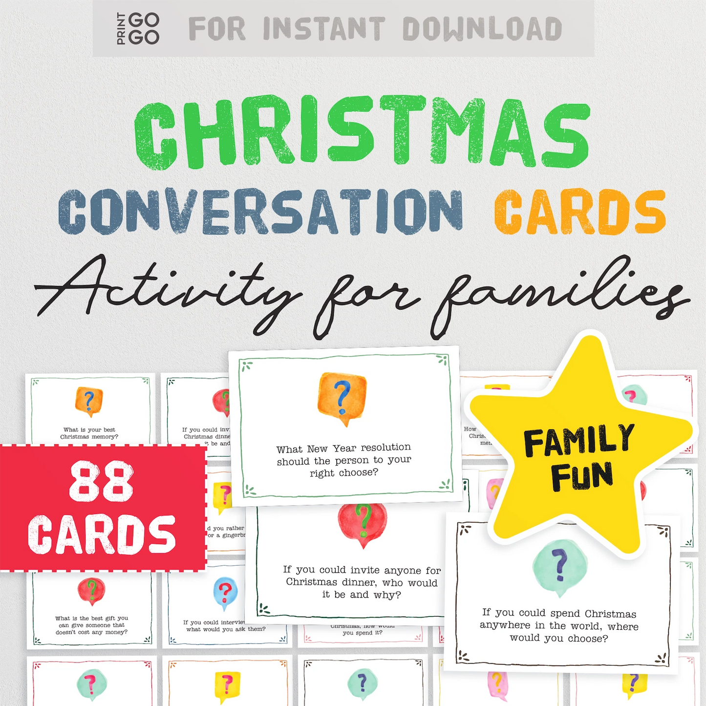 Christmas conversation cards activity for families with a star label and card samples.