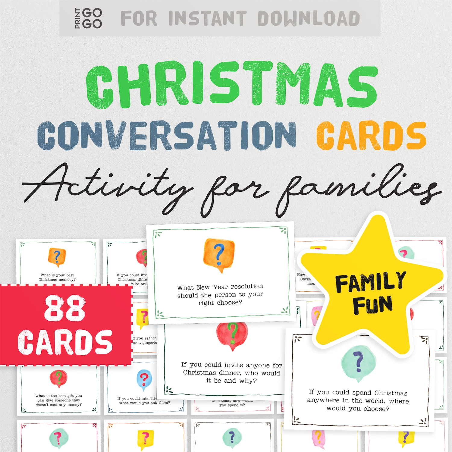 Christmas conversation cards activity for families with a star label and card samples.
