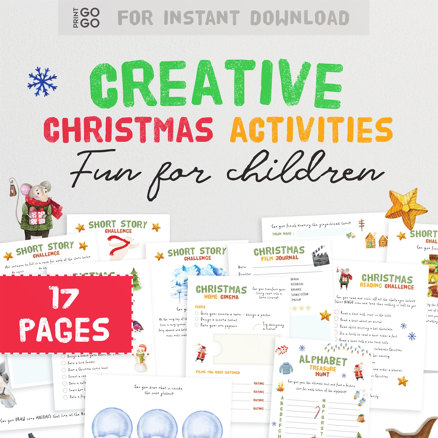 Collection of Christmas-themed activity sheets for children with colorful text and graphics.
