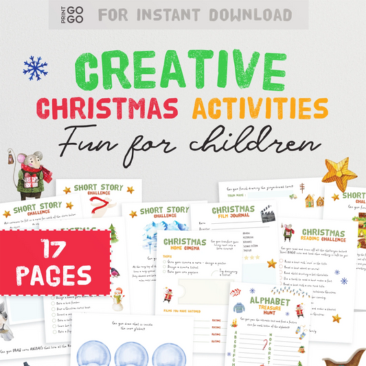 Collection of Christmas-themed activity sheets for children with colorful text and graphics.