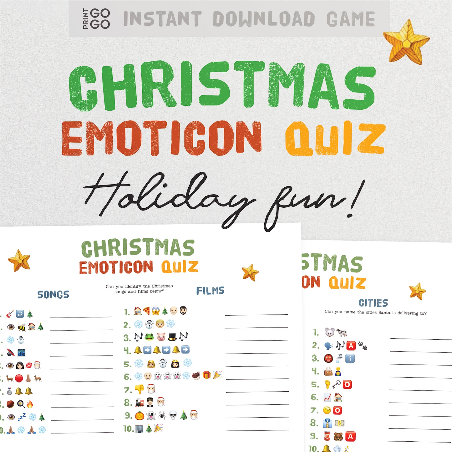 Christmas emoticon quiz with colorful text and star decorations on a white background
