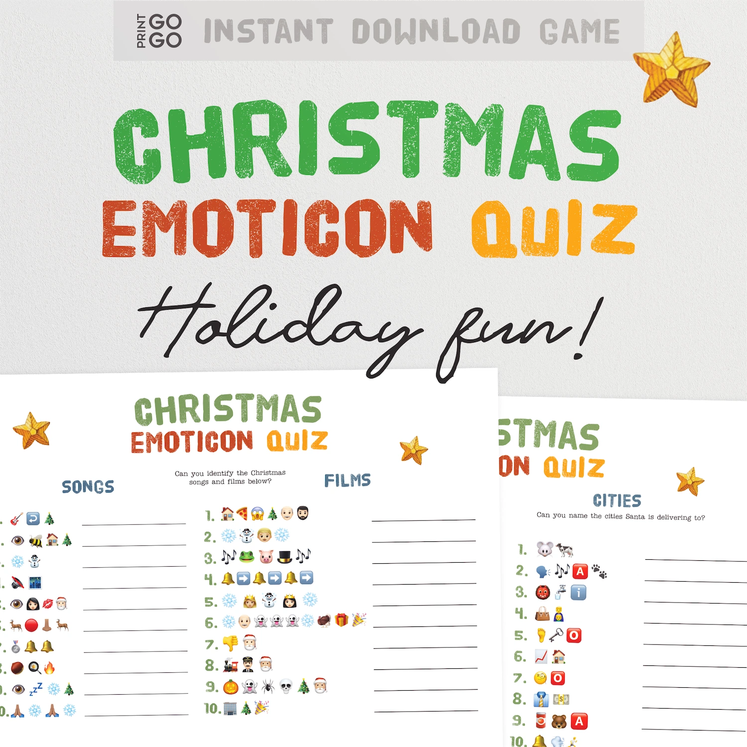 Christmas emoticon quiz with colorful text and star decorations on a white background
