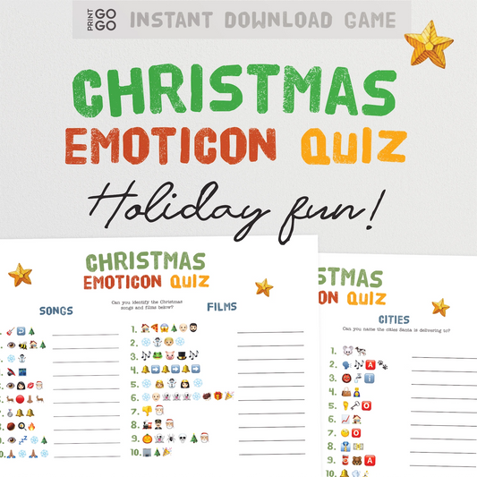 Christmas emoticon quiz with colorful text and star decorations on a white background