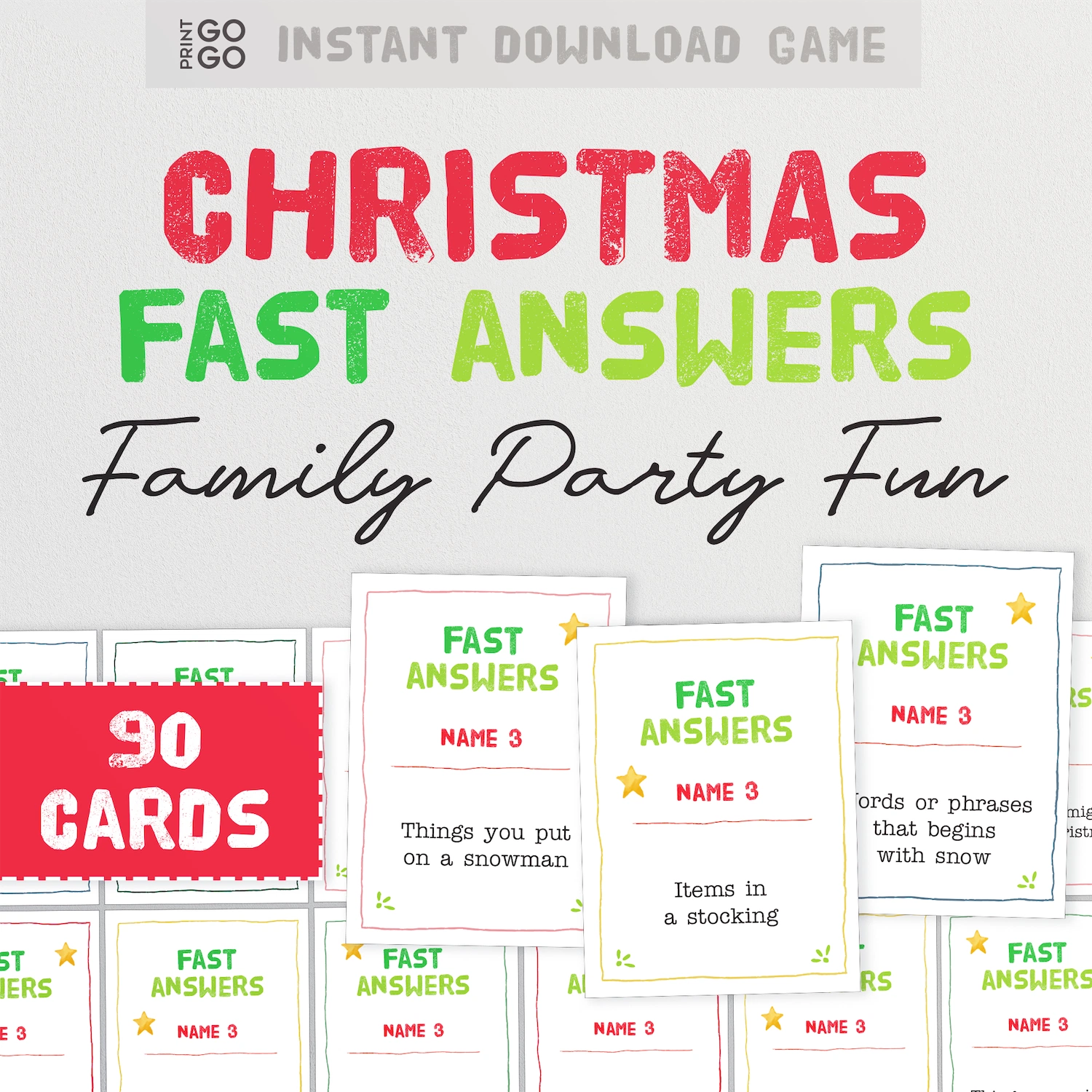 Christmas fast answers game cards with text on a white background