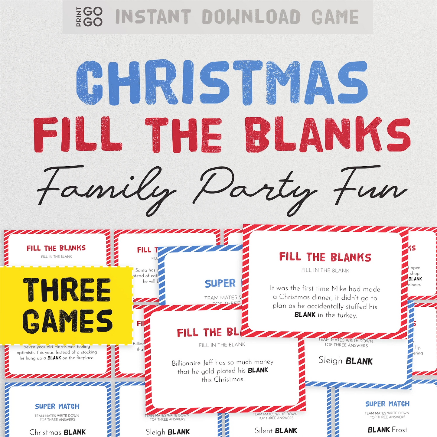 Christmas-themed 'Fill the Blanks' game for family parties with red, blue, and white design.