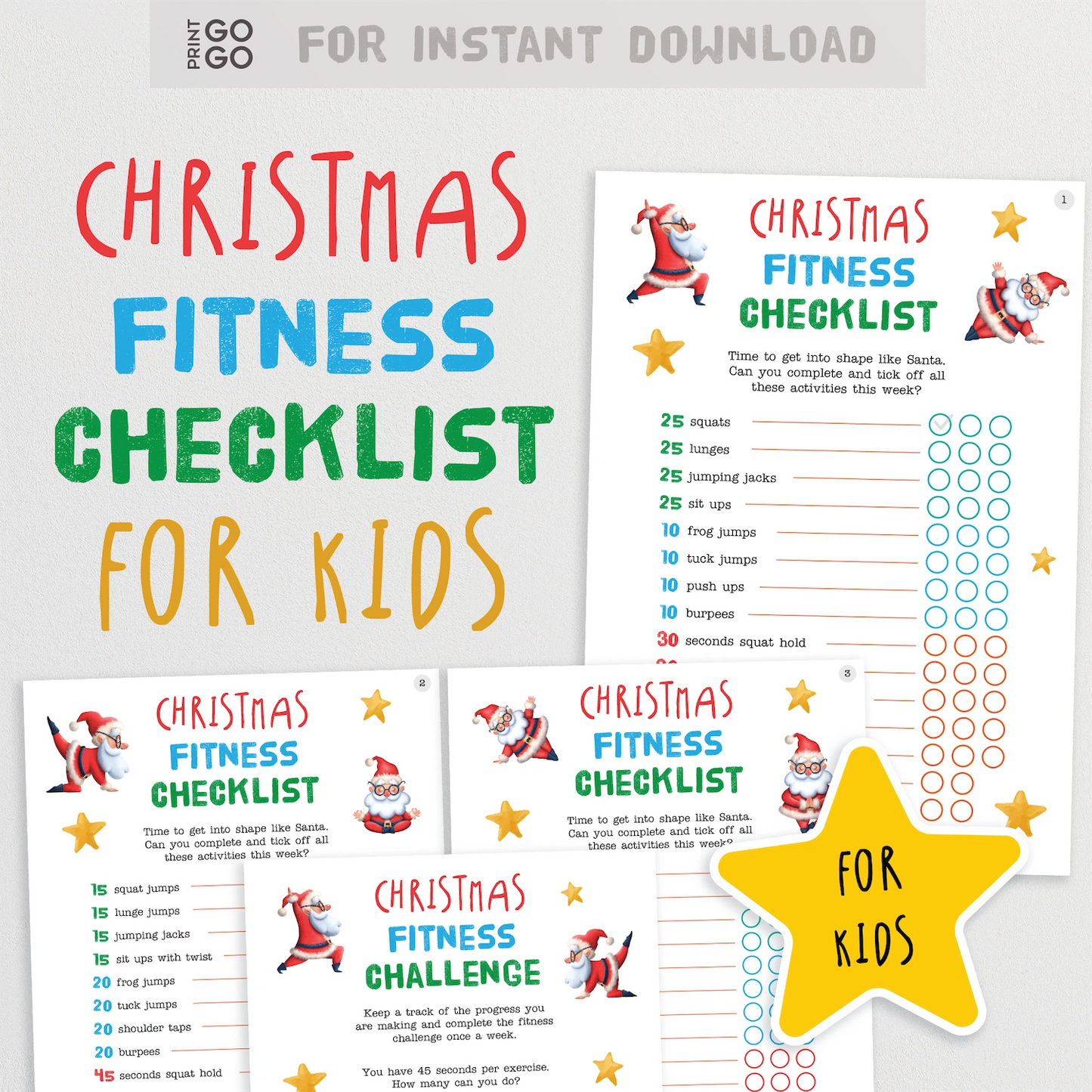 Christmas fitness checklist for kids with colorful design and Santa Claus illustrations.