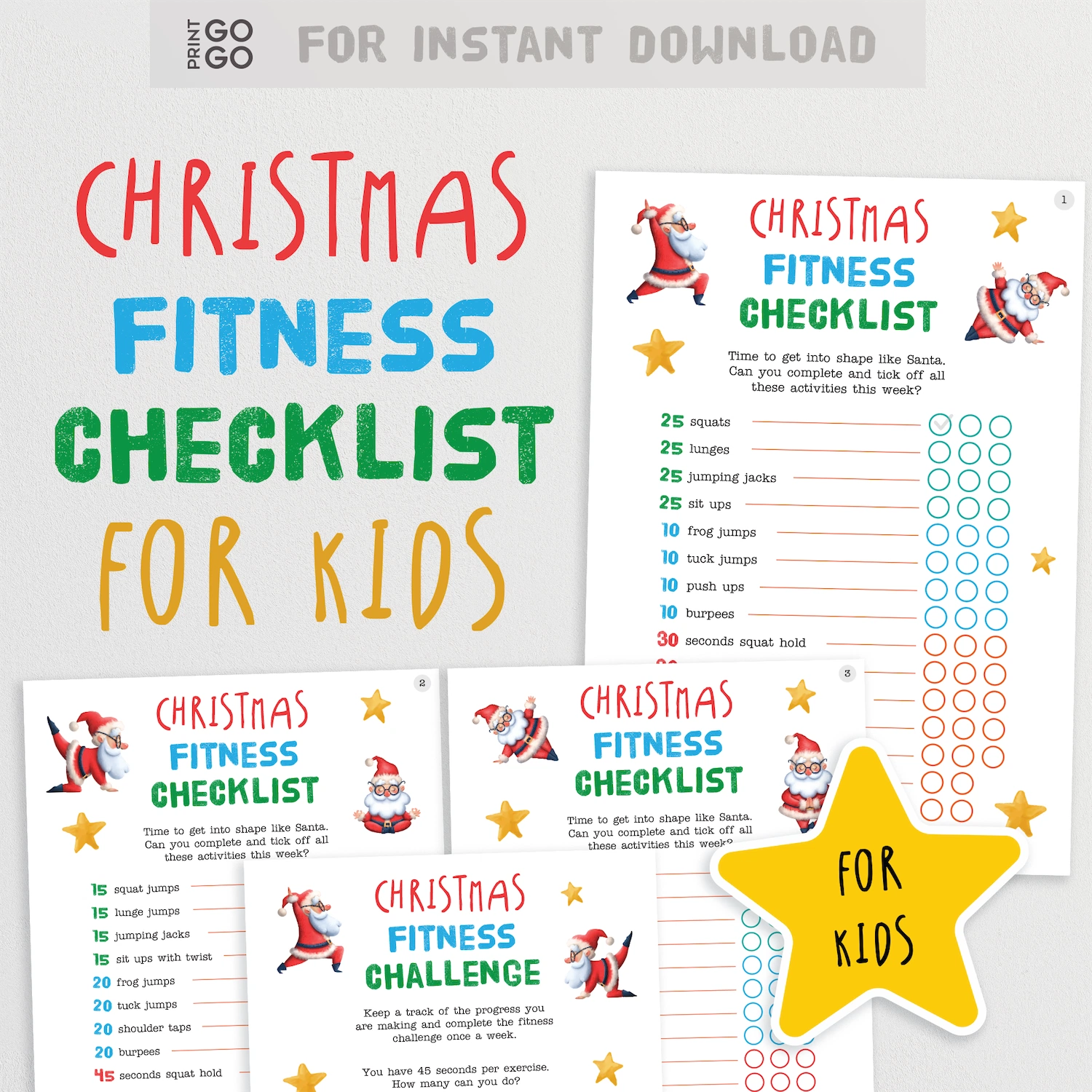 Christmas fitness checklist for kids with colorful design and Santa Claus illustrations.