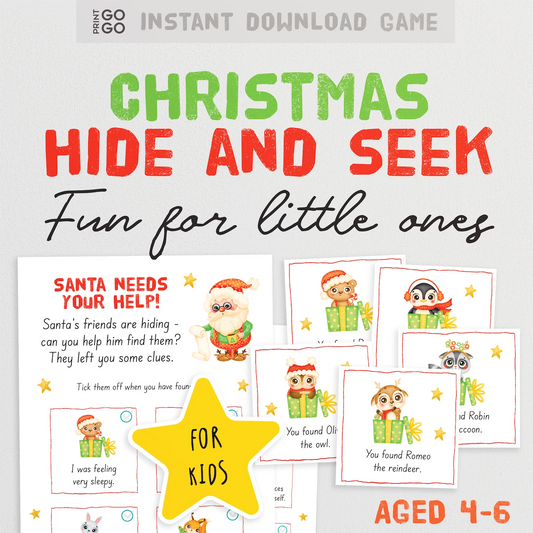 Christmas hide and seek game for kids with cards and text on a white background
