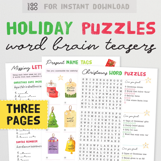 Printable Christmas Word Puzzles. Three pages of holiday brain teasers for instant download.