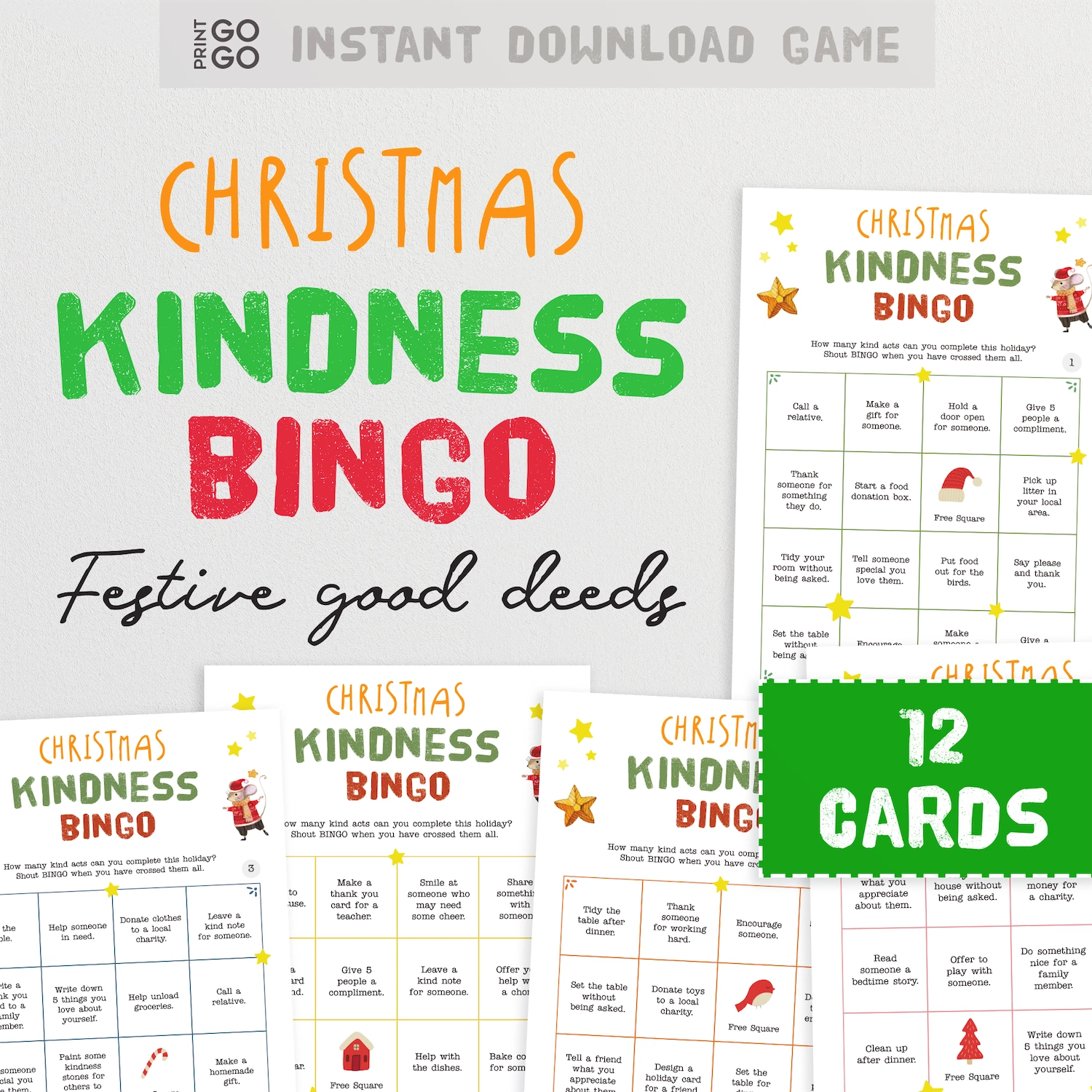 Instant download Christmas Kindness Bingo game with 12 cards on a white background
