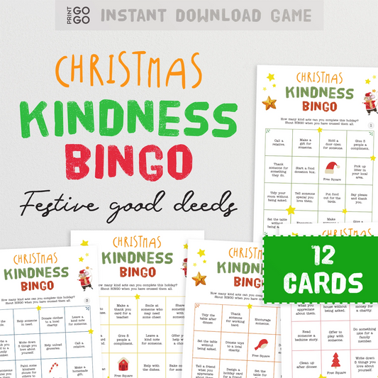 Instant download Christmas Kindness Bingo game with 12 cards on a white background