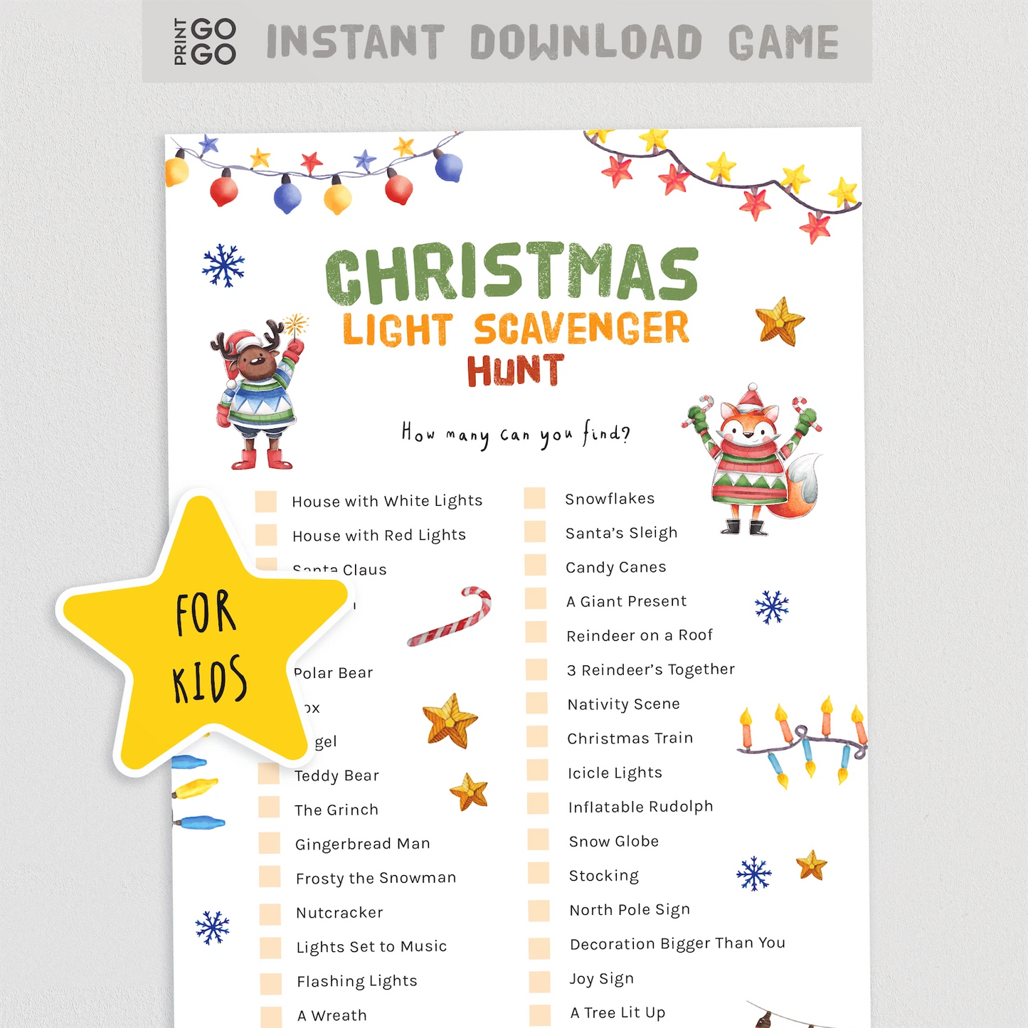 Instant download Christmas light scavenger hunt game sheet for kids.