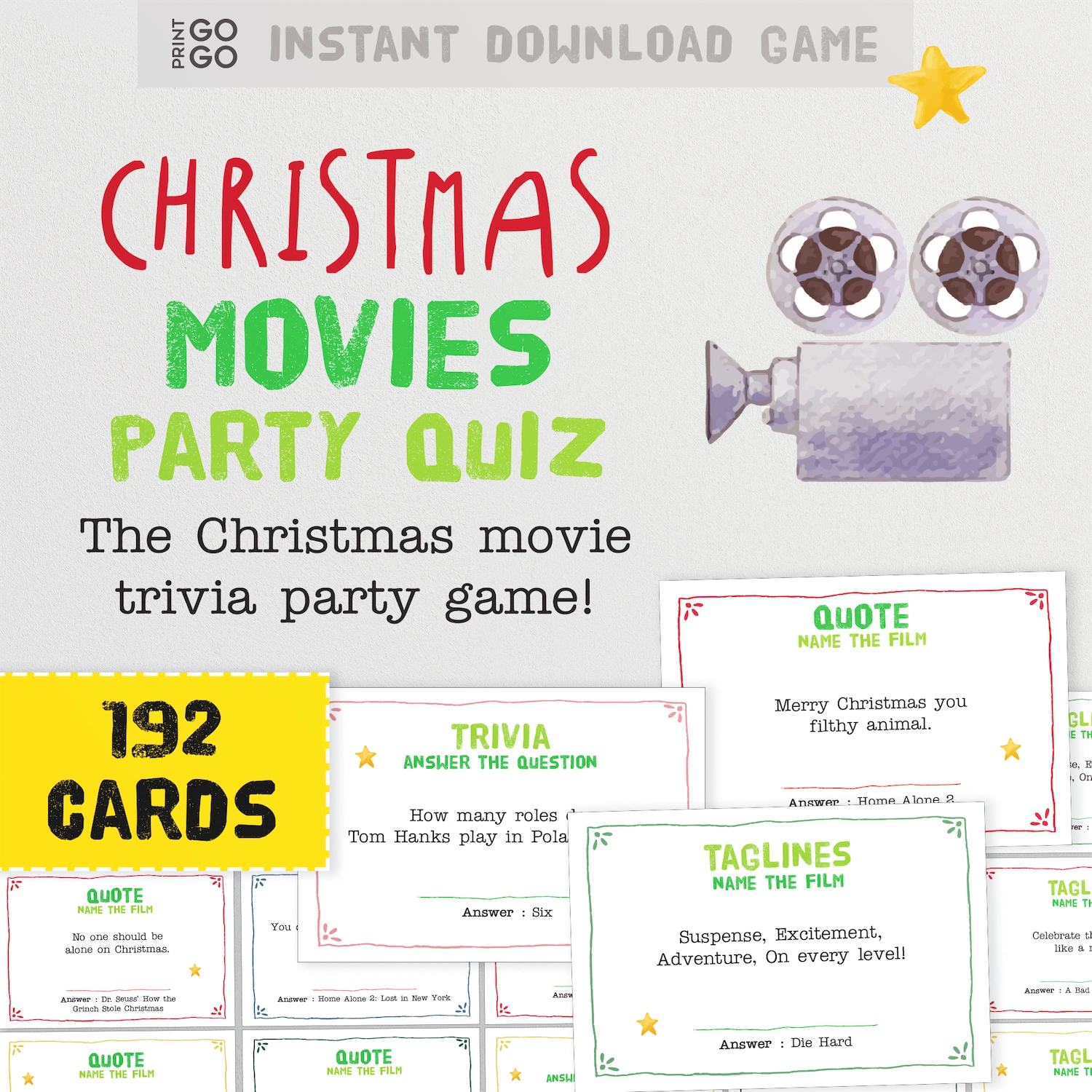 Christmas movies party quiz with trivia cards and game components on a white background