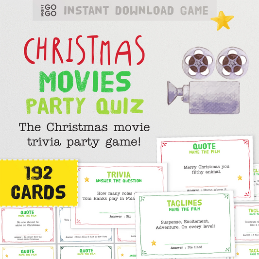 Christmas movies party quiz with trivia cards and game components on a white background