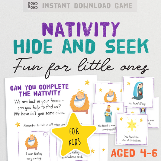 Nativity Hide and Seek game for kids with cards and instructions on a white background.