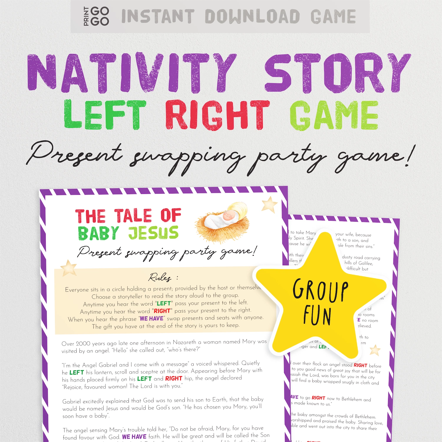 Nativity story left right Christmas gift exchange - The fast paced present swap game about the story of baby Jesus.