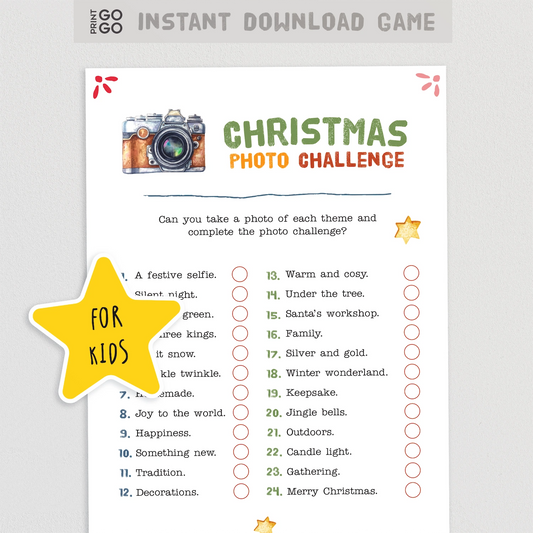Christmas photo challenge for kids with a camera icon and star graphics on a light gray background.