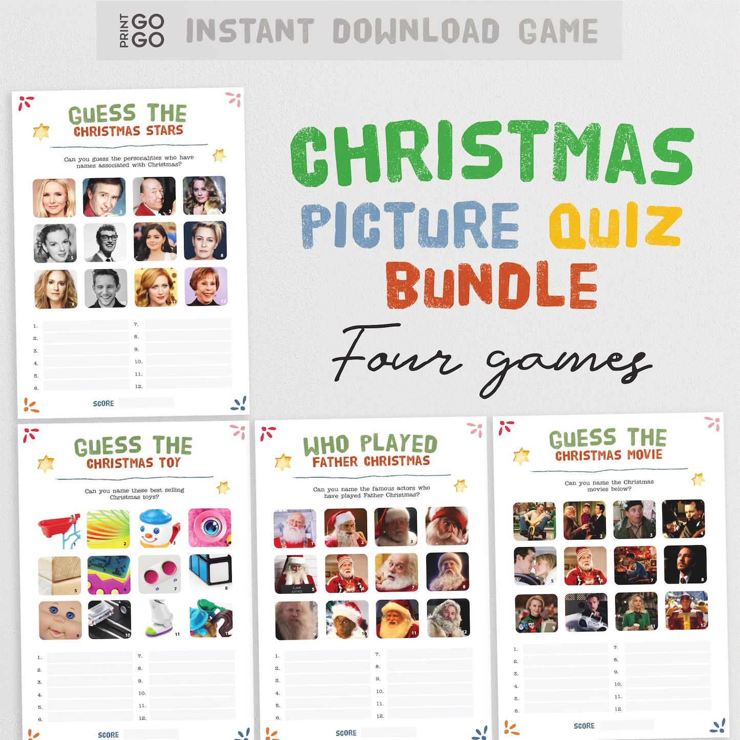 Christmas picture quiz bundle with multiple game screens on a white background