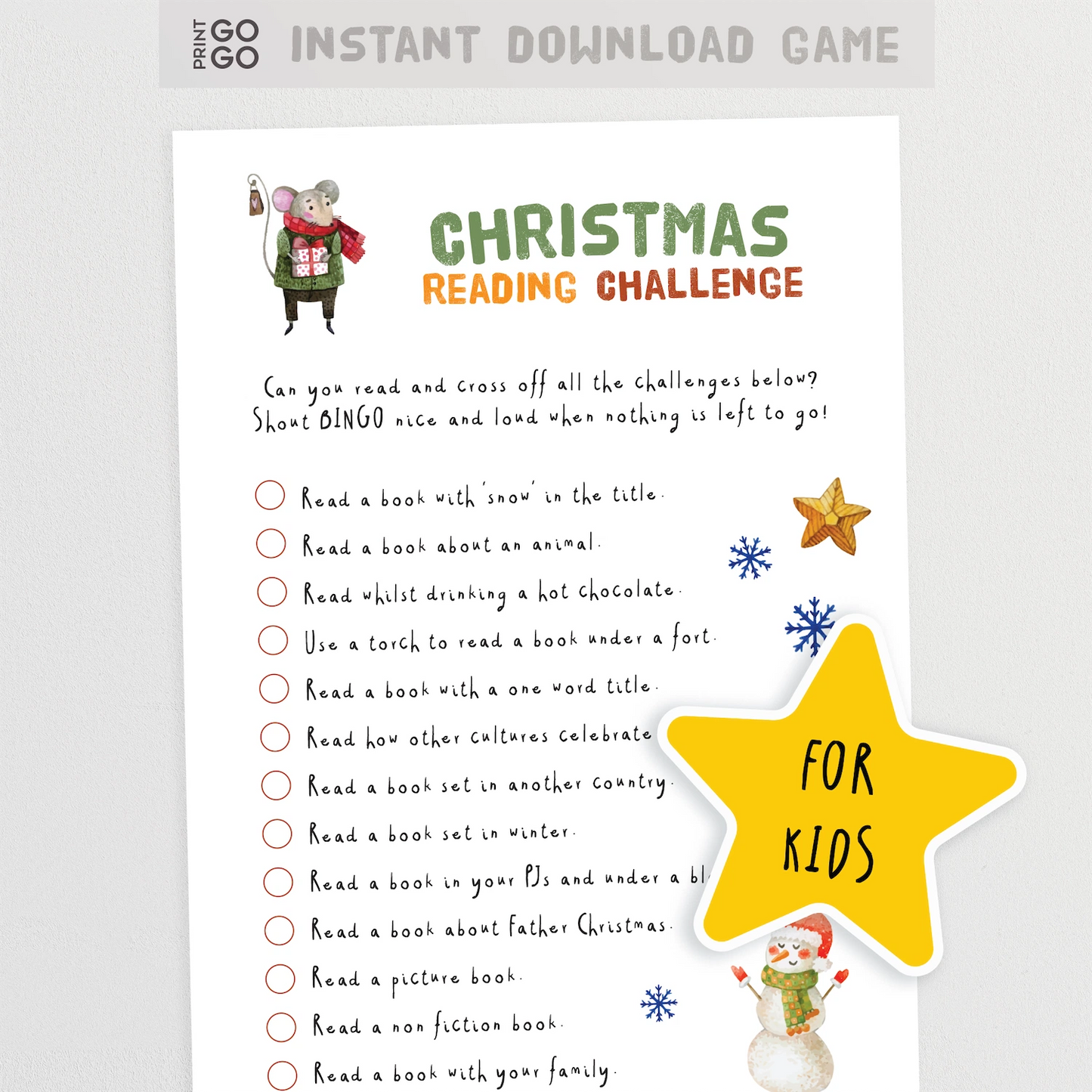Christmas reading challenge for kids with a star graphic and text on a white background