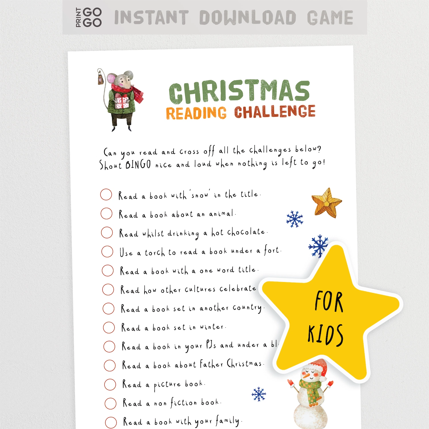 Christmas reading challenge for kids with a star graphic and text on a white background