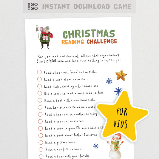 Christmas reading challenge for kids with a star graphic and text on a white background