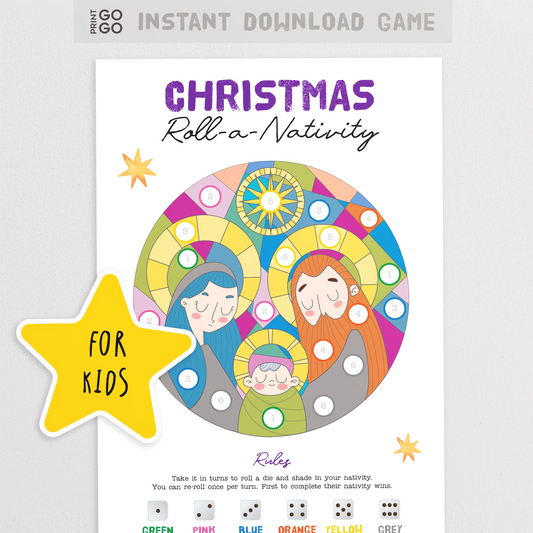 Printable roll a Nativity Christmas dice game for families.