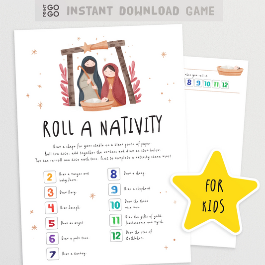 Instant download Nativity scene game for kids with numbers and directions on a white background.