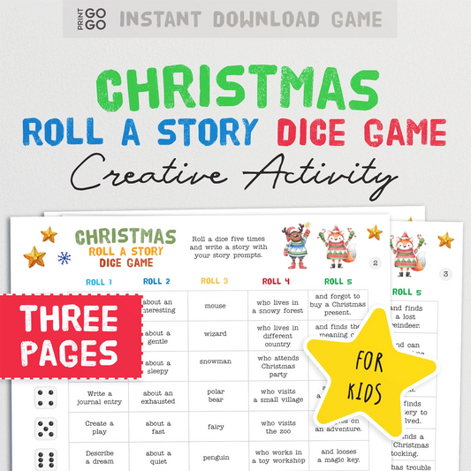 Instant download Christmas Roll a Story Dice Game for kids with colouful text and dice illustrations.