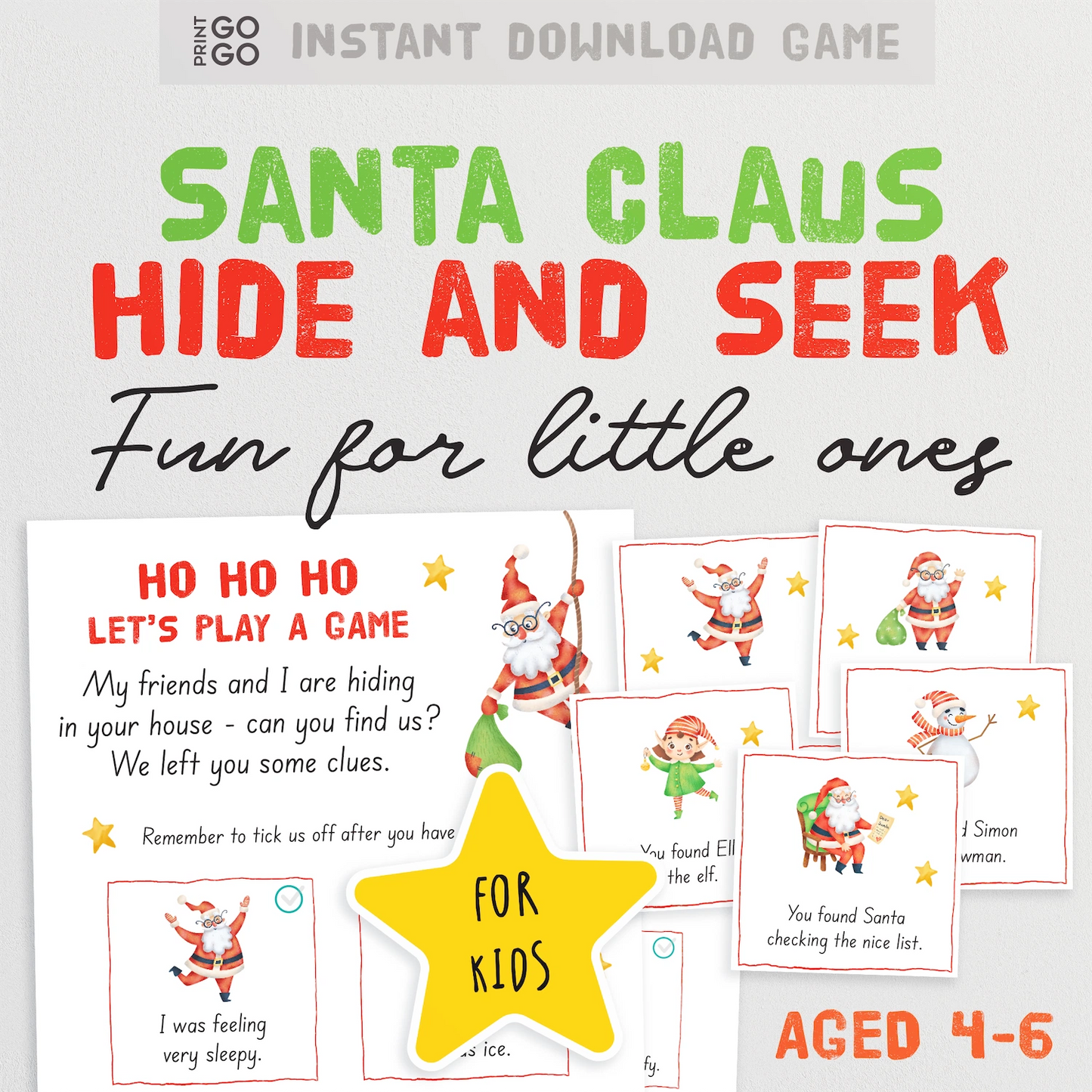 Santa Claus Hide and Seek game for kids with text and illustrations on a white background