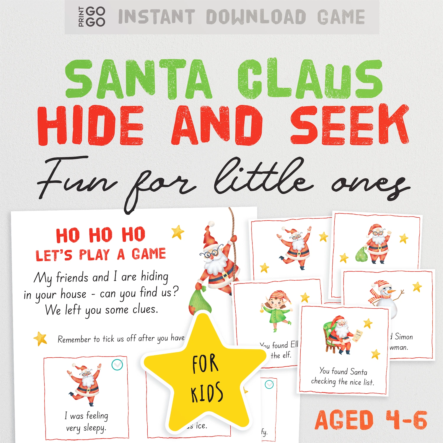 Santa Claus Hide and Seek game for kids with text and illustrations on a white background