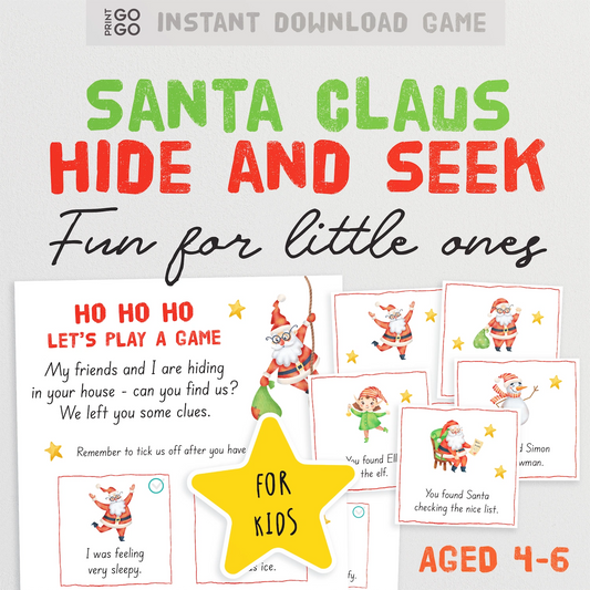 Santa Claus Hide and Seek game for kids with text and illustrations on a white background