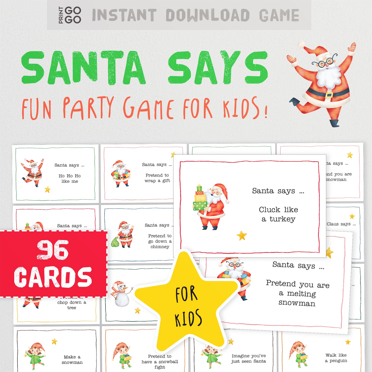 Santa Says party game for kids with 96 cards on a white background