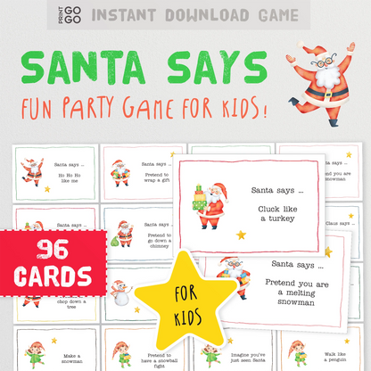 Santa Says party game for kids with 96 cards on a white background