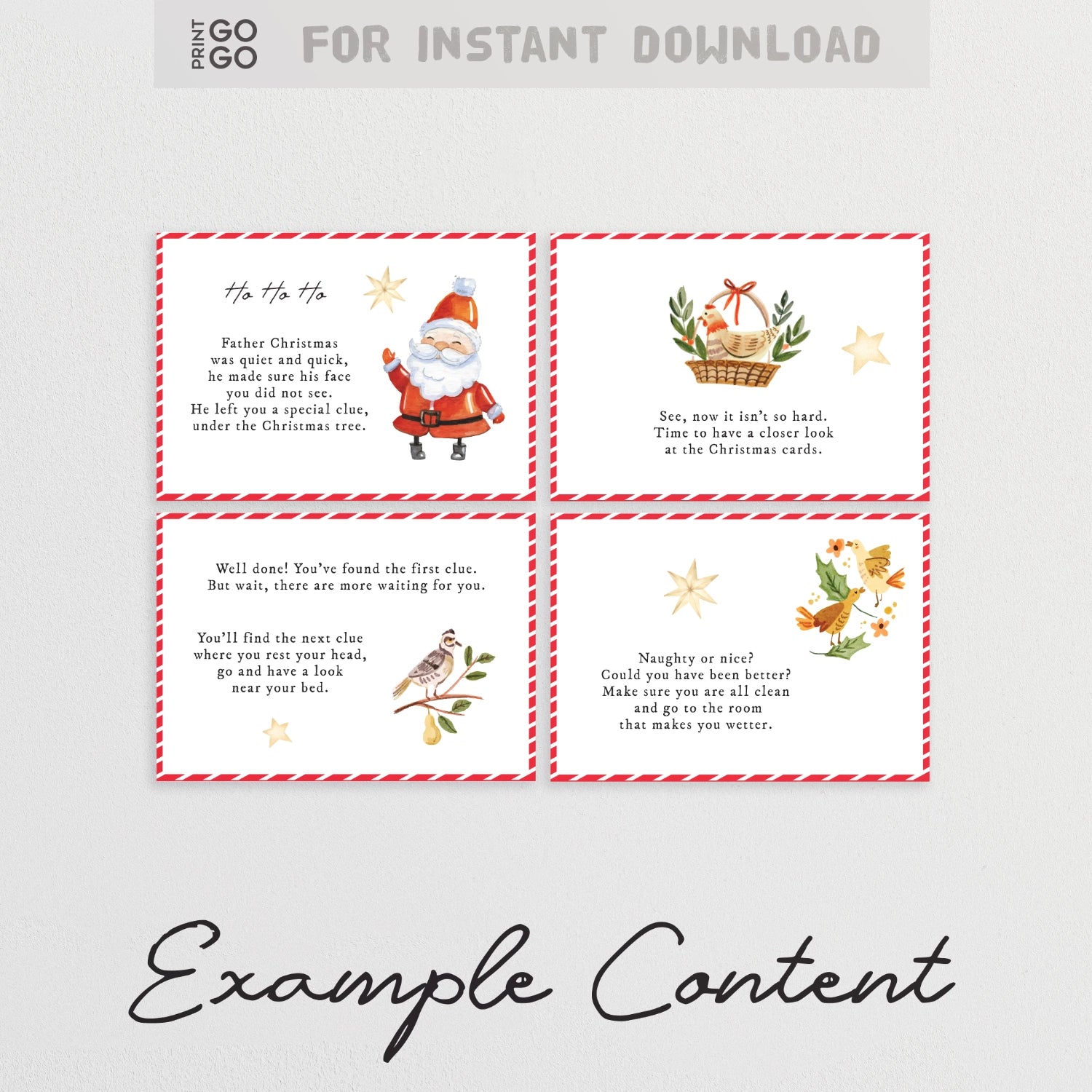 An instant download Christmas scavenger hunt for kids. Image shows 4 example cards.