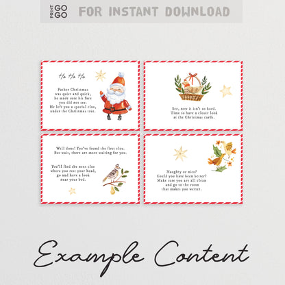 An instant download Christmas scavenger hunt for kids. Image shows 4 example cards.