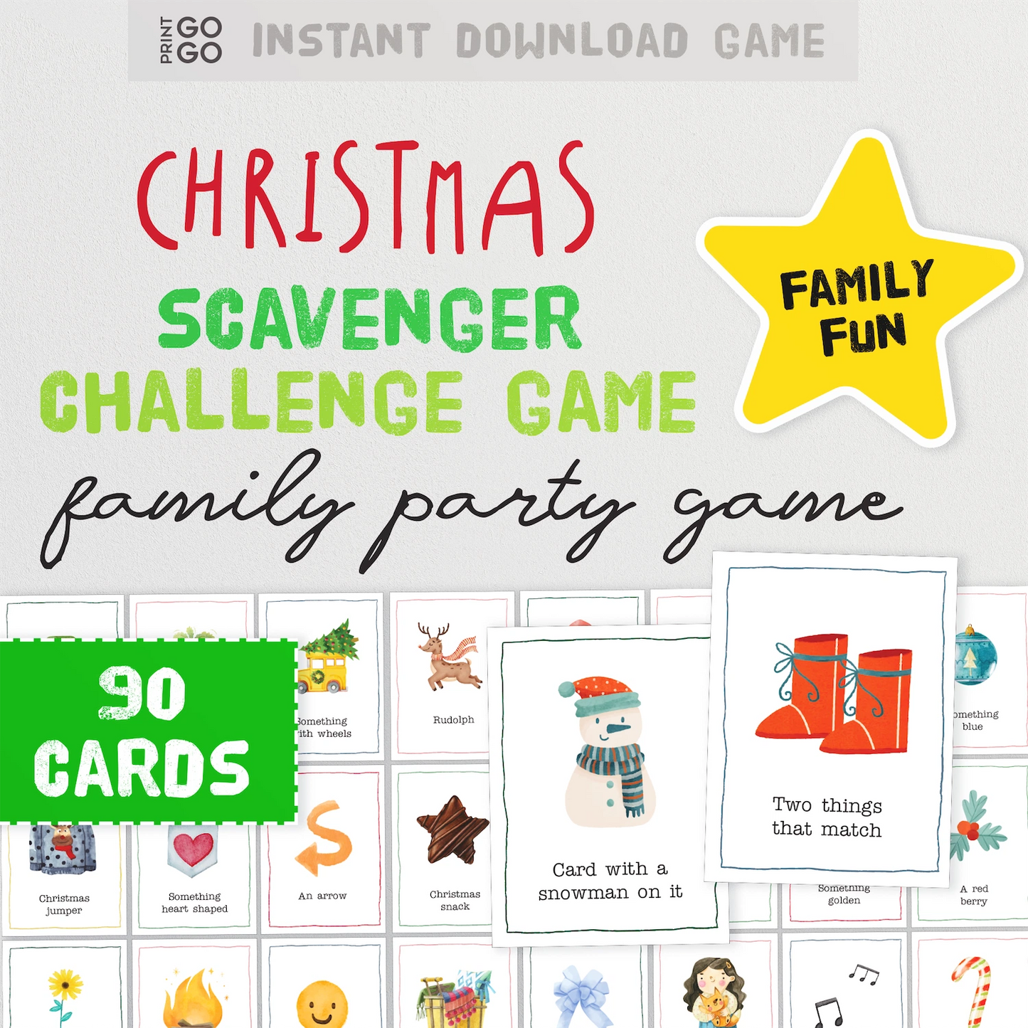 Christmas scavenger challenge game with cards and family fun star on a white background