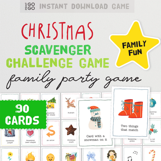 Christmas scavenger challenge game with cards and family fun star on a white background