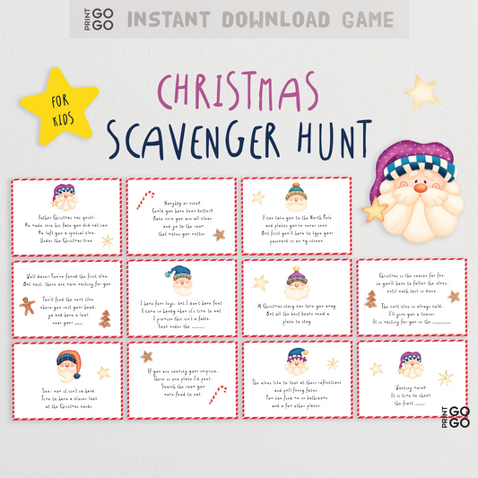Christmas scavenger hunt game cards for kids with a gnome illustration on a white background.