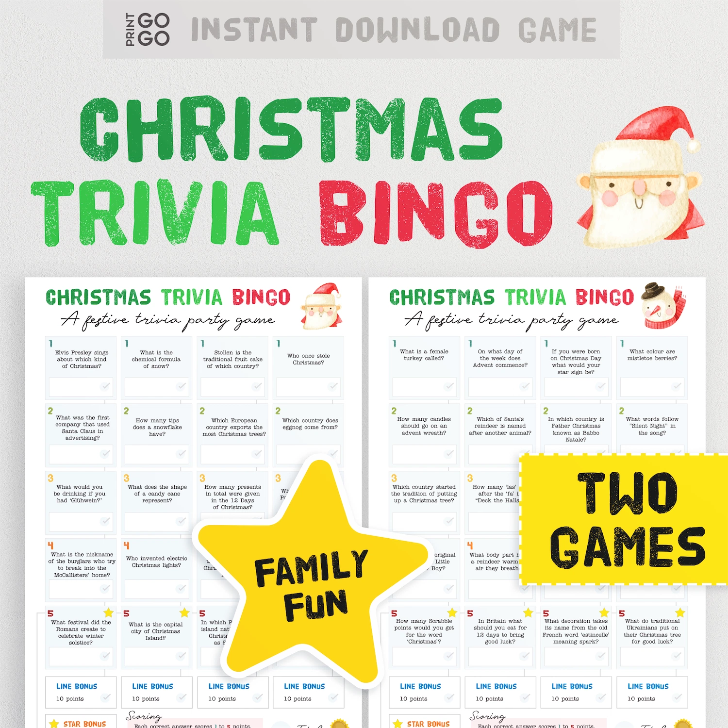 Printable Christmas trivia bingo game for families. Two pages of festive trivia quiz questions.